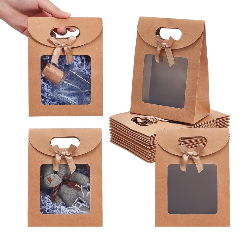 NBEADS 24 Pcs MINI Kraft Paper Bags with Window 47x24x62 Stand Up MINI Gift Bag With Handles Brown Gift Bag with Clear Window for Candy Cookies Packaging Wedding Christmas Party Store Retail
